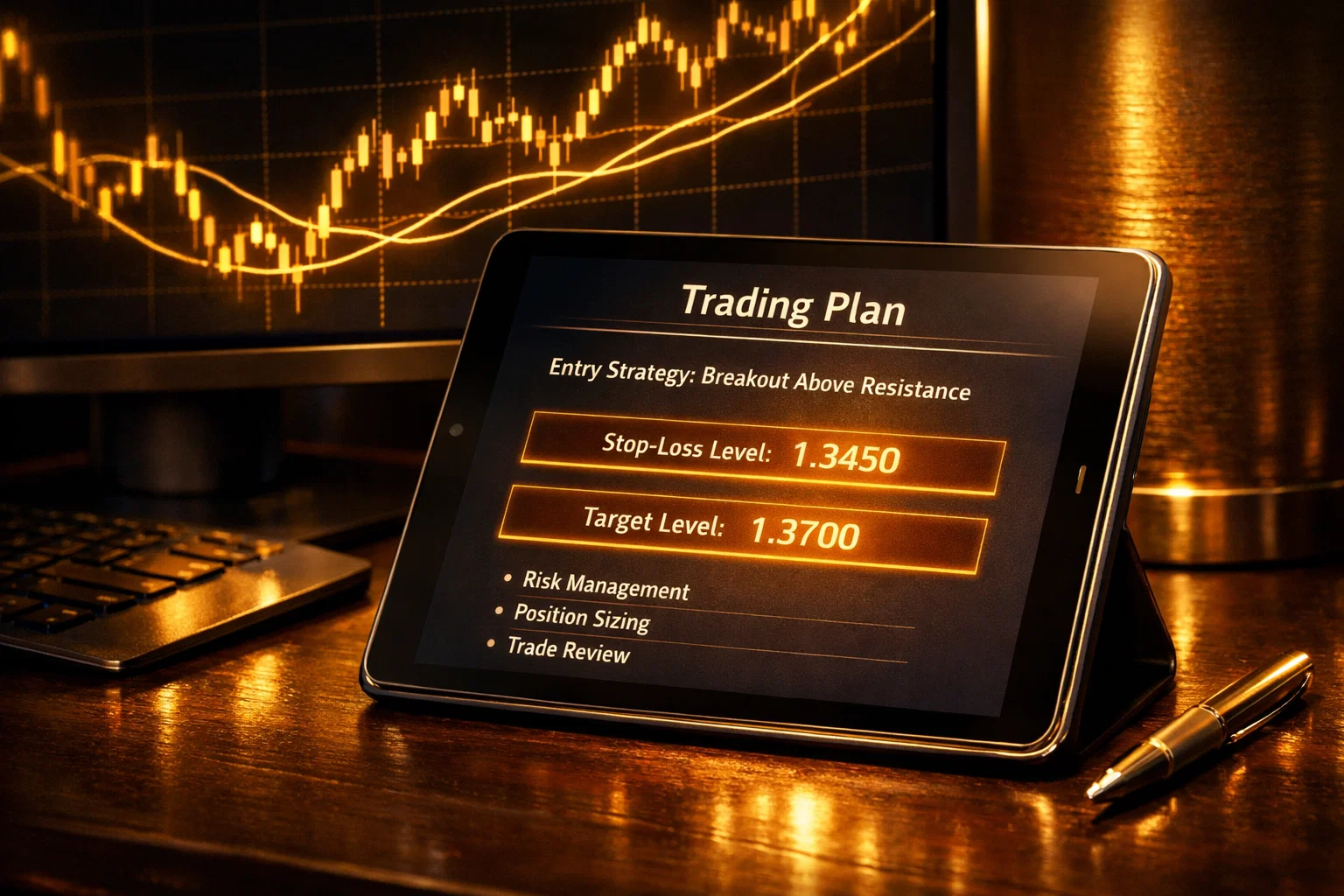 A structured trading plan with risk management levels glowing in warm amber light on a digital screen.