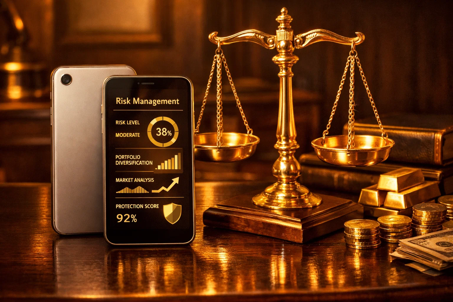 Premium trading environment symbolizing risk management for forex and crypto with golden accents
