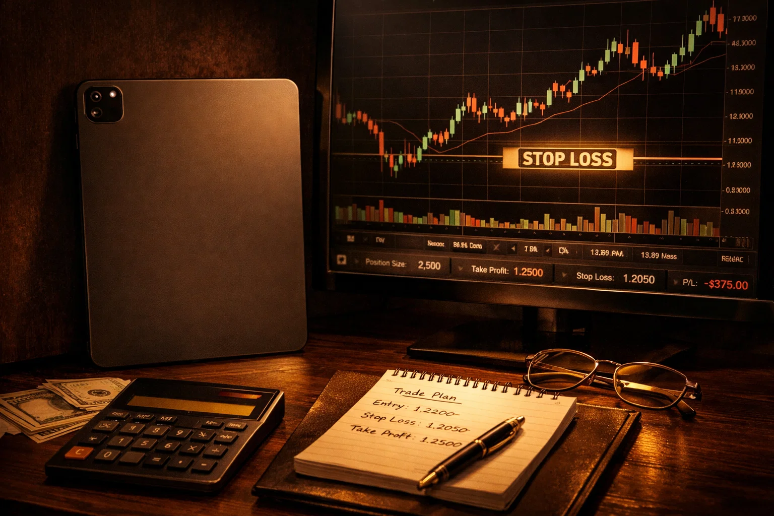 A trading interface showing risk management tools and stop loss levels in a golden light.