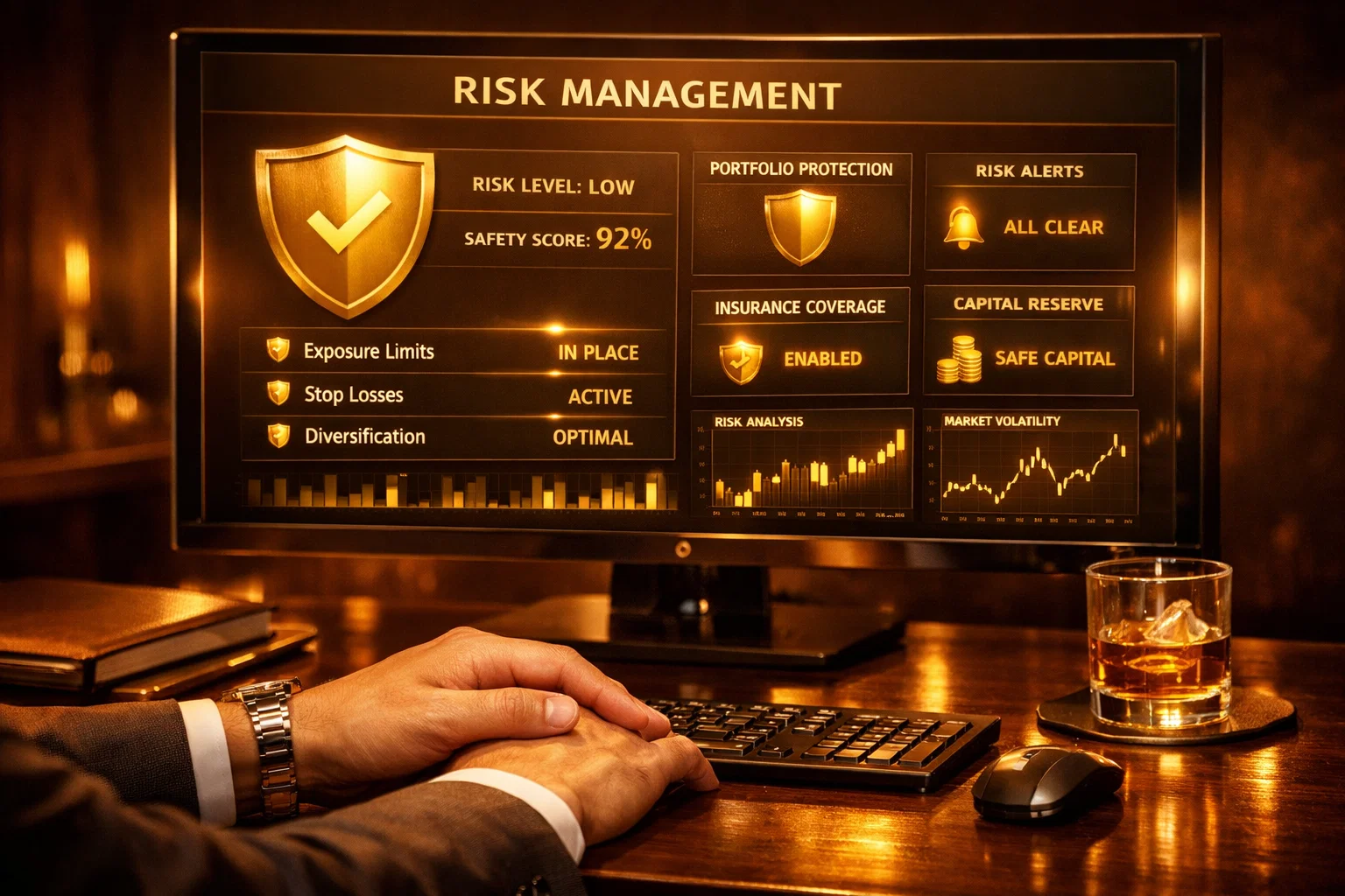 Trader analyzing risk management data on a golden glowing screen for investment protection.