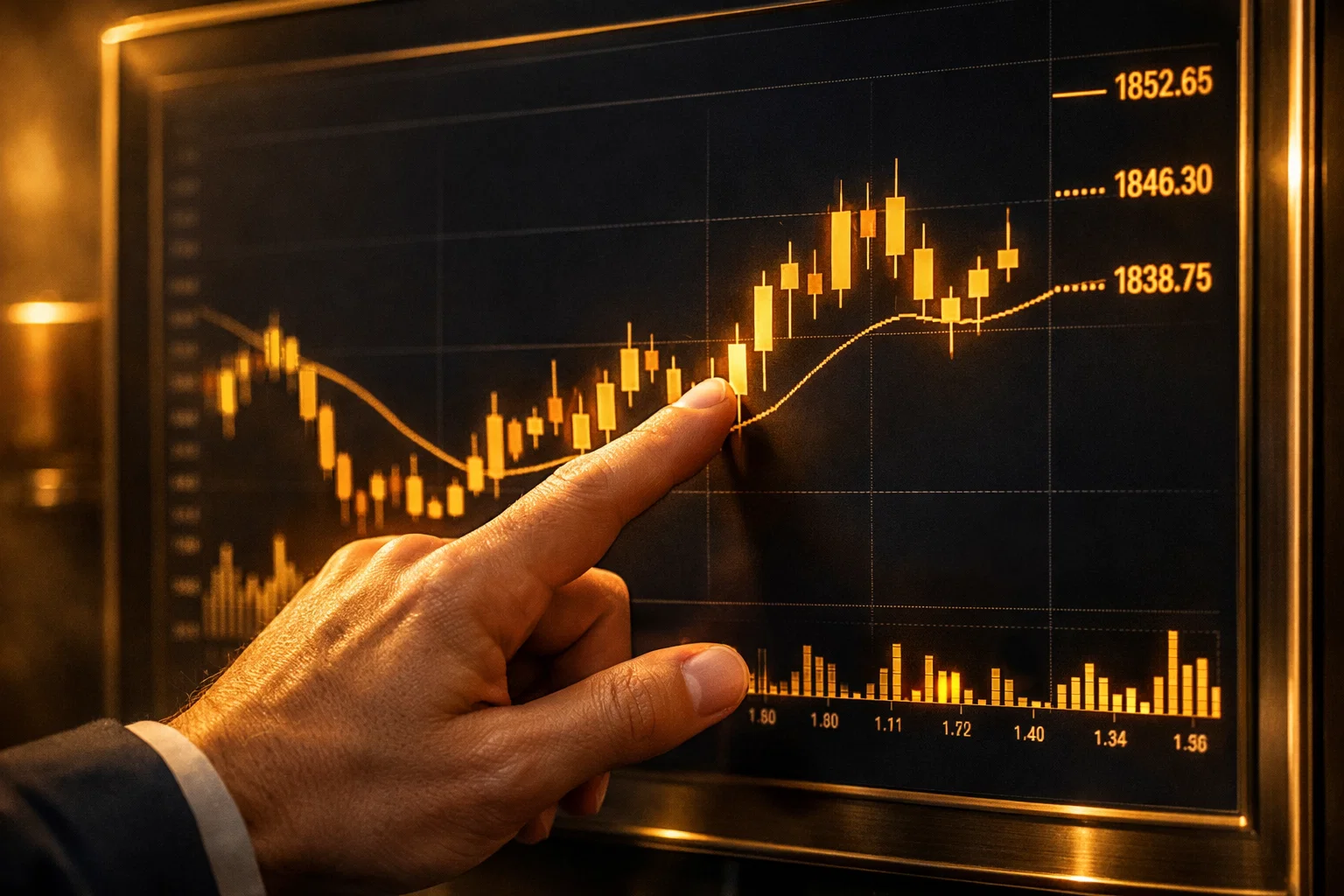 Close-up of a trader identifying the three-candle reversal pattern on a glowing golden financial monitor.