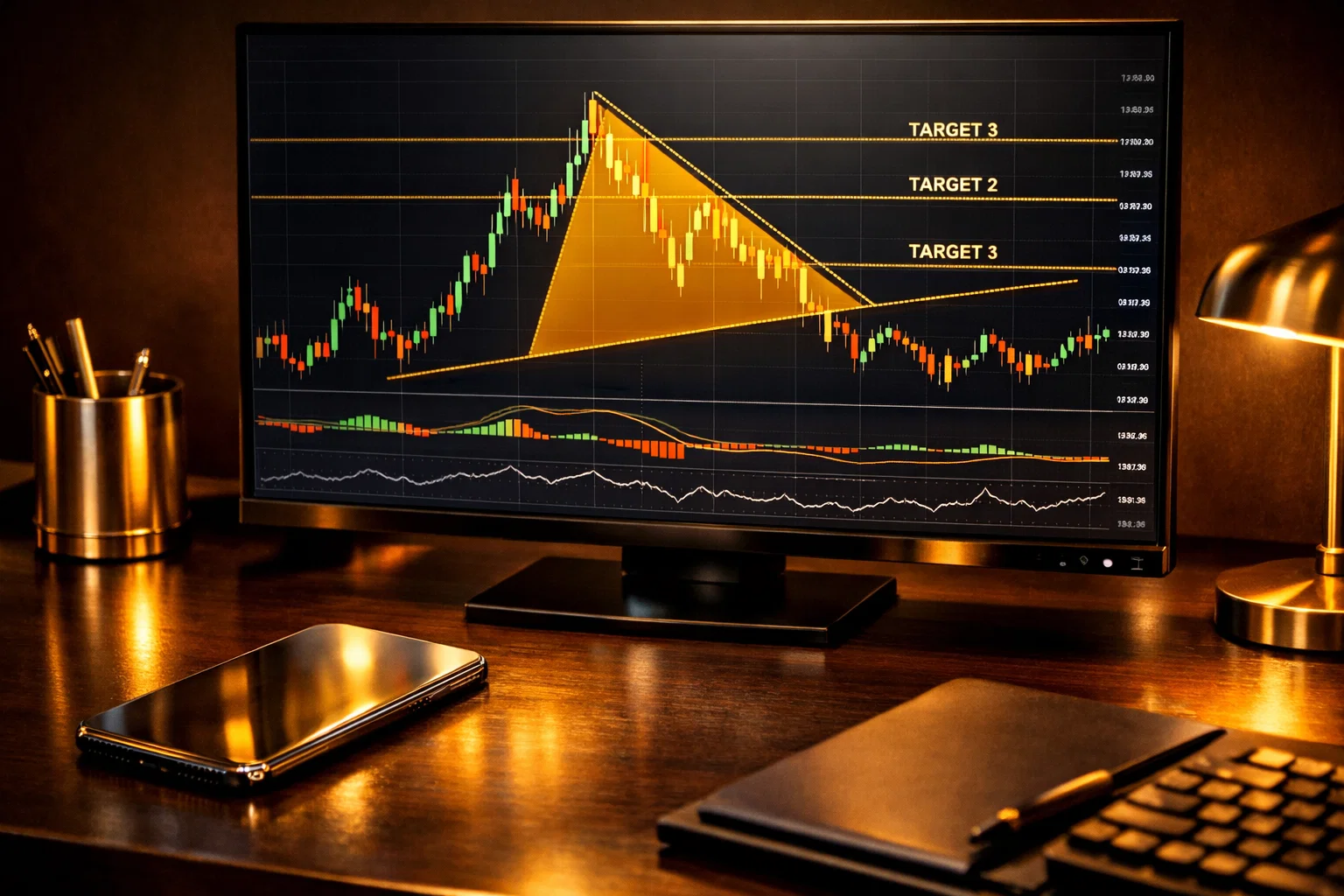 Professional trade setup on a dark monitor with glowing golden lines and target projections.