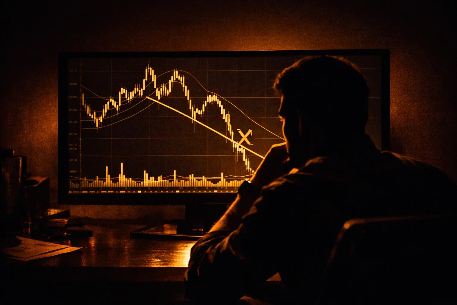 Moody cinematic trading scene highlighting the professional analysis of market challenges and pattern pitfalls.
