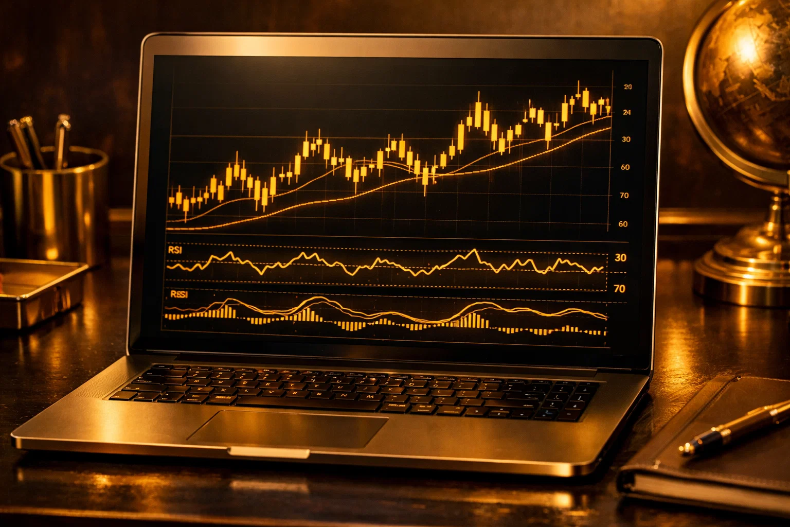 Detailed view of technical indicators and golden candlestick charts used in professional trading strategies.