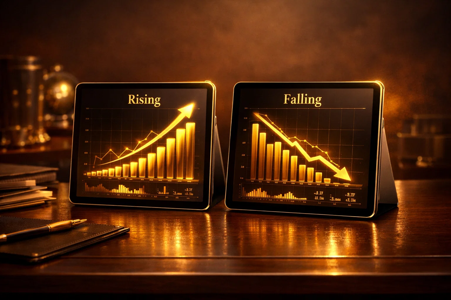 Two tablets showing rising and falling chart models in a sophisticated golden financial setting.