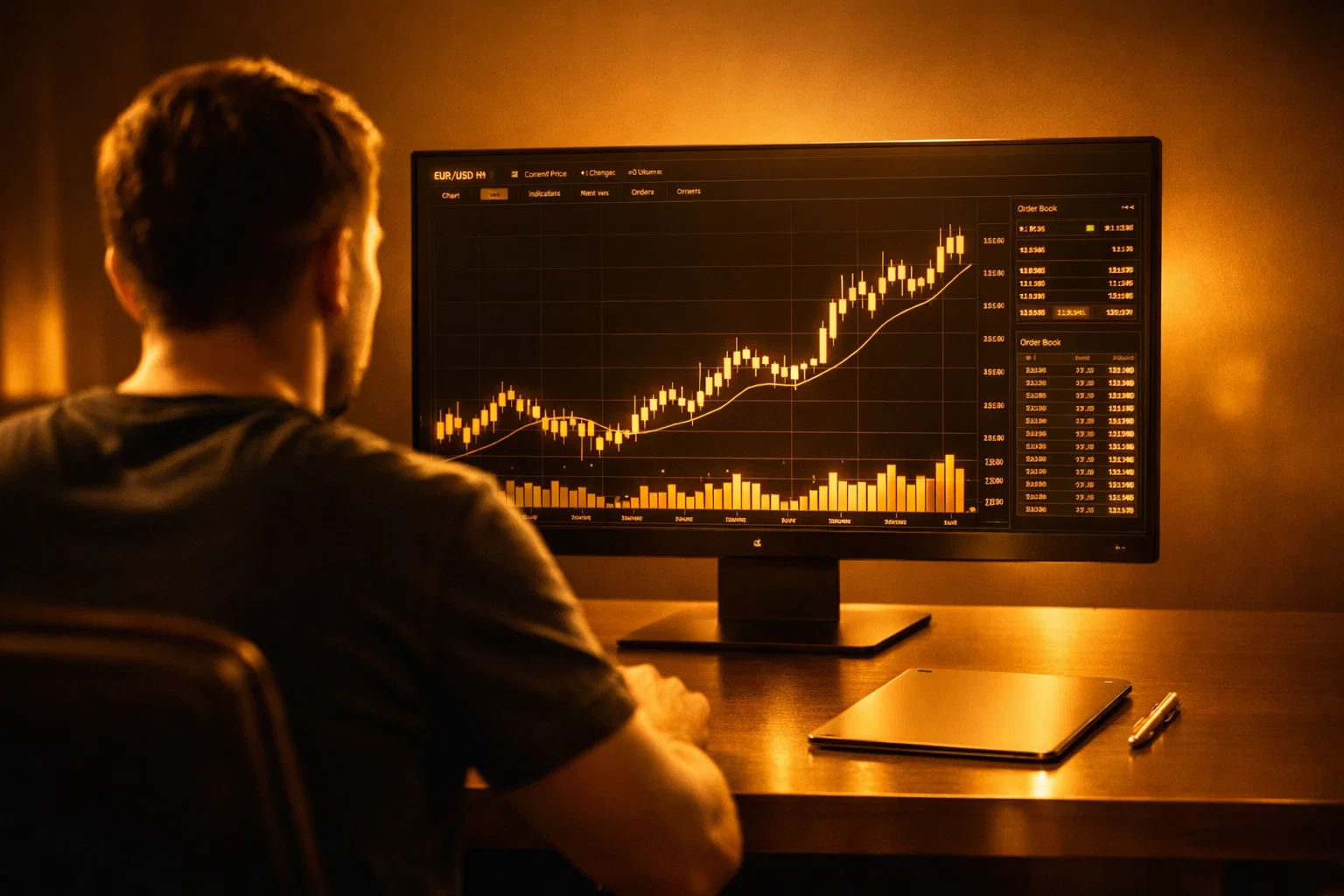 A realistic financial trading scene with golden charts on a dark monitor and warm amber lighting for beginners.