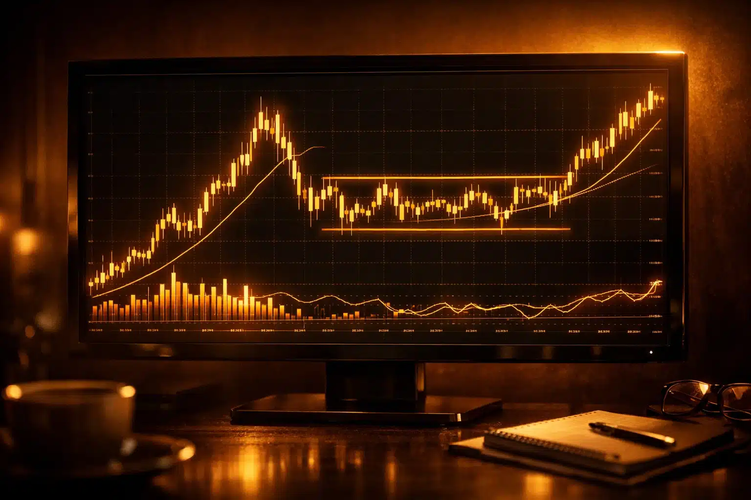 Professional financial analysis of golden technical indicators with warm shadows and light reflections.