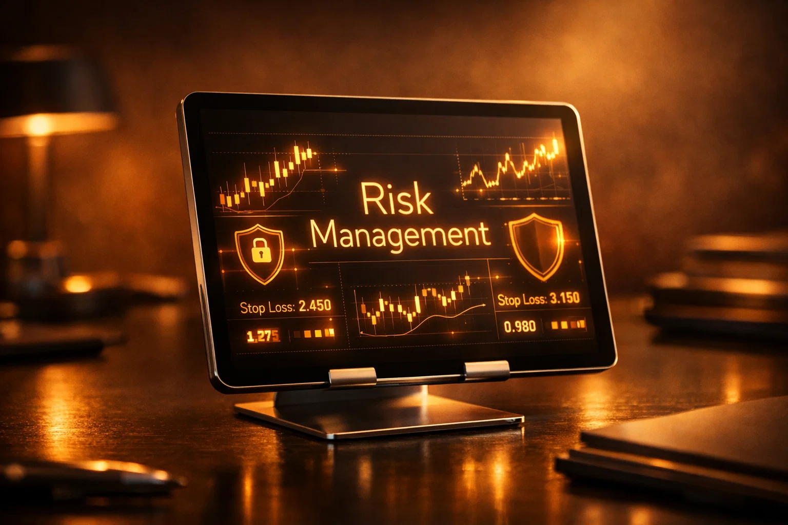 Digital tablet displaying a professional risk management dashboard with golden charts and shield icons.