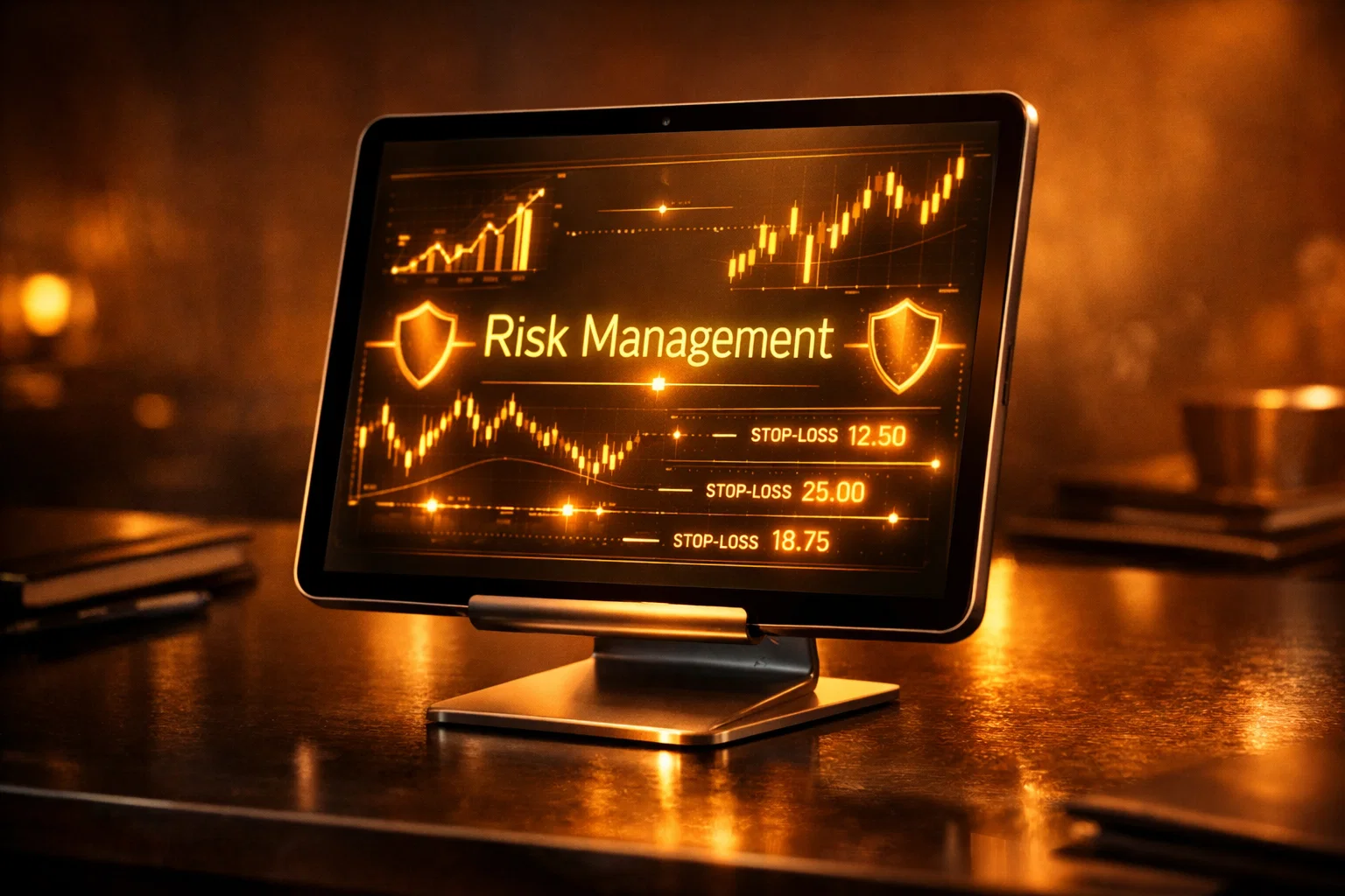 A digital tablet displaying a golden risk management dashboard with stop-loss indicators on a dark, polished desk.