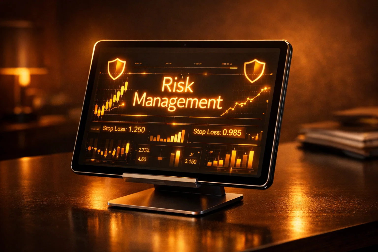 Professional digital tablet on a desk displaying a golden risk management interface for Apple stock trading.