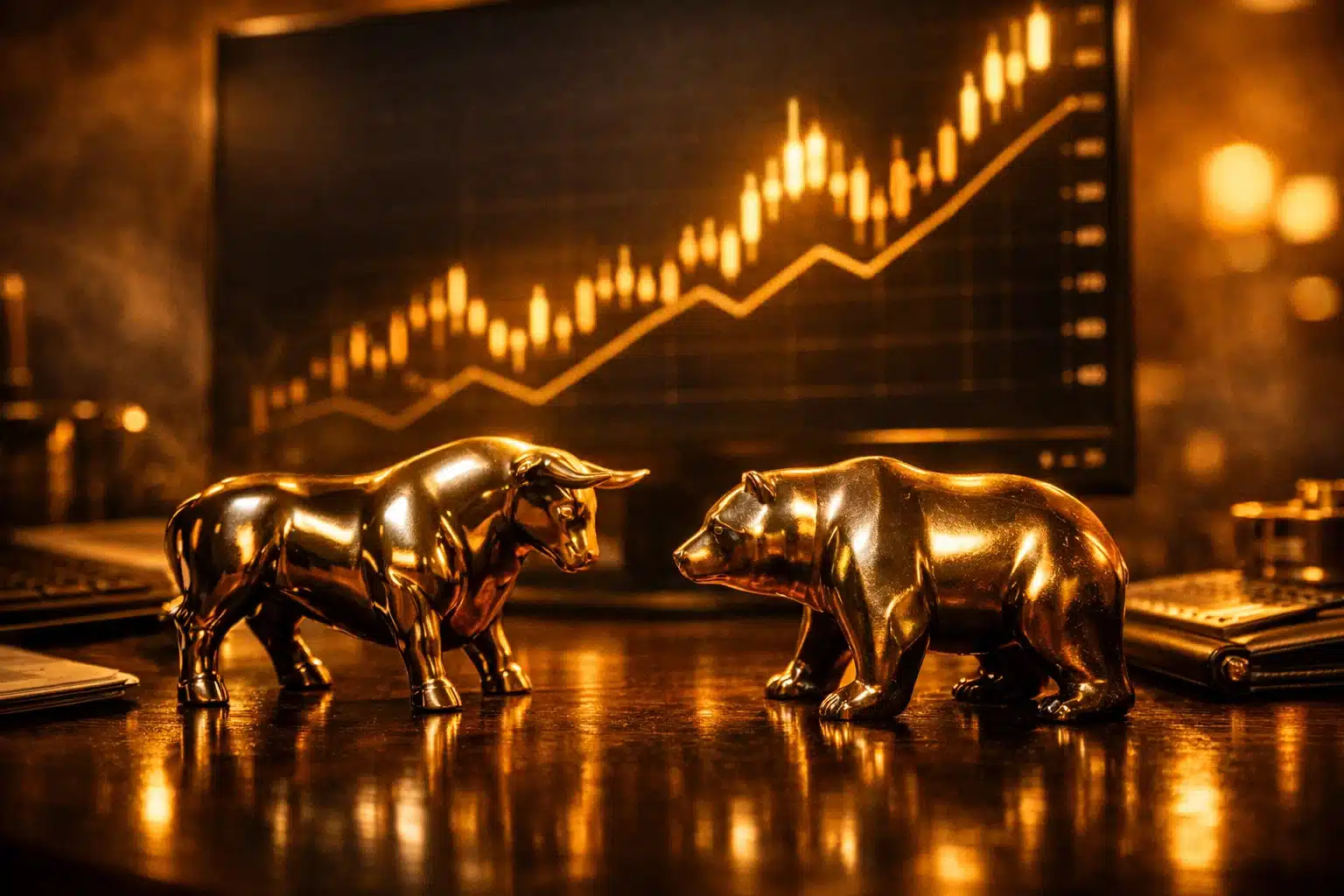 Metallic bull and bear figurines on a dark desk with golden light reflections and glowing financial charts.