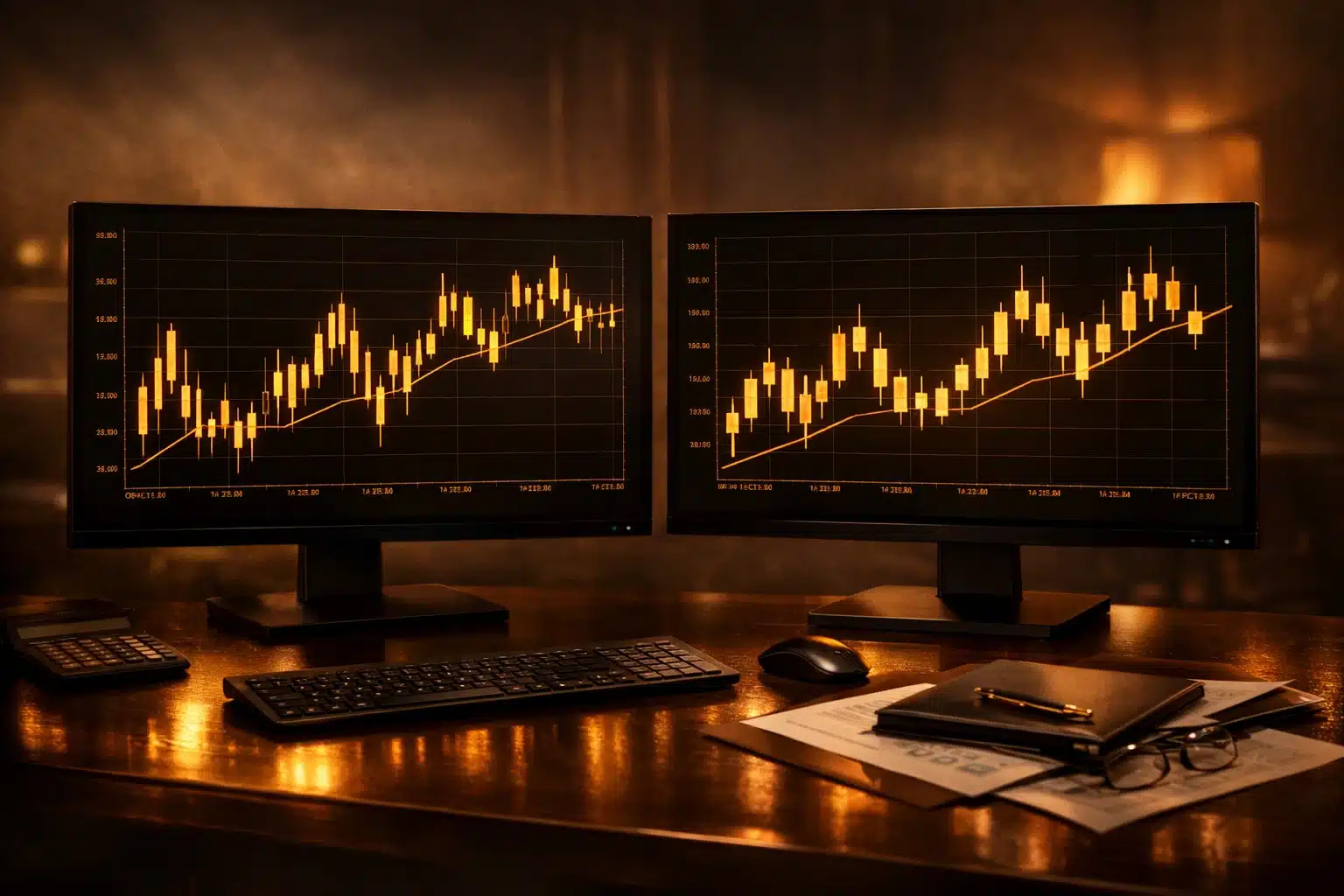 Side-by-side comparison of golden bar charts and candlesticks on professional monitors with amber lighting.