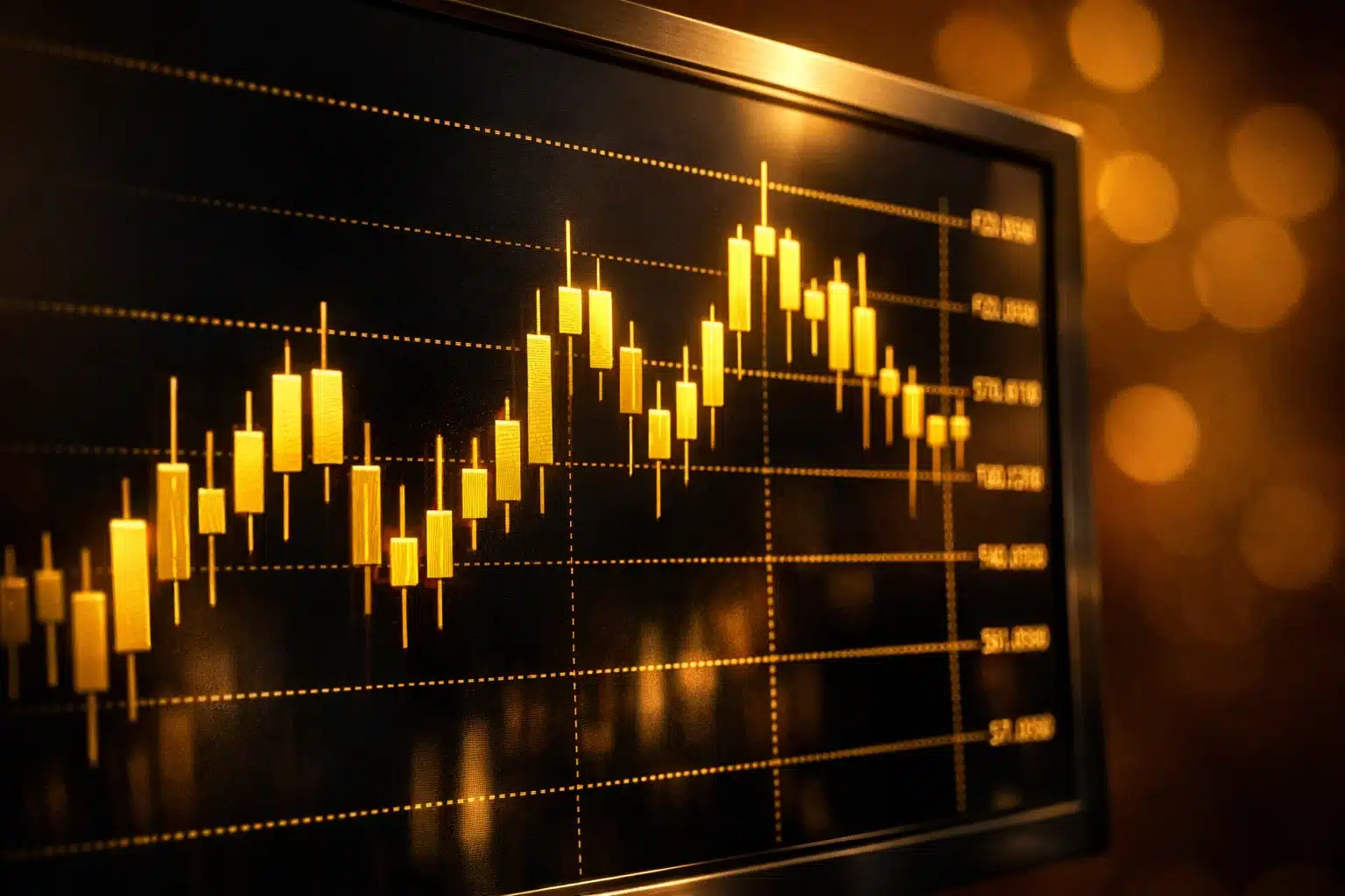 Close-up of golden OHLC price bars on a dark screen, highlighting the premium visualization of market data.