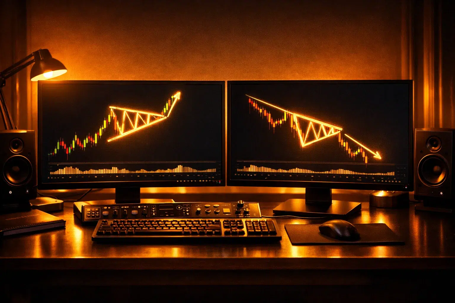 Dual monitor setup showing bullish and bearish trading patterns illuminated by warm amber and golden light.