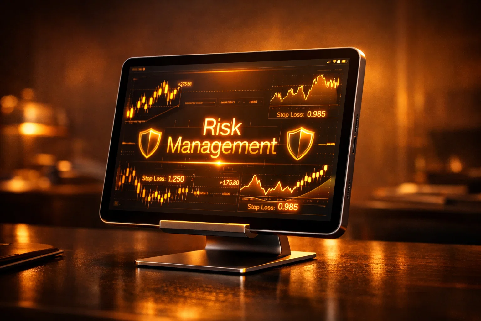 Tablet displaying a professional risk management dashboard with golden icons and a high-tech interface.