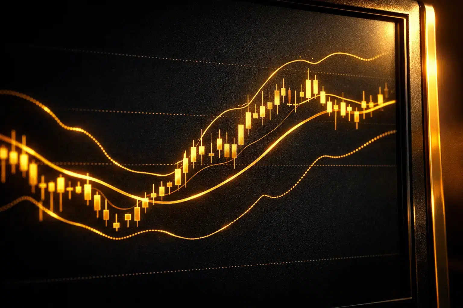 Close-up of glowing technical indicators on a dark trading screen with golden highlights.