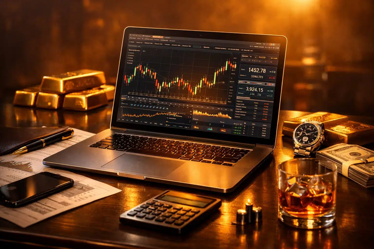 Premium trading setup with a laptop and gold bars illuminated by a warm amber light.