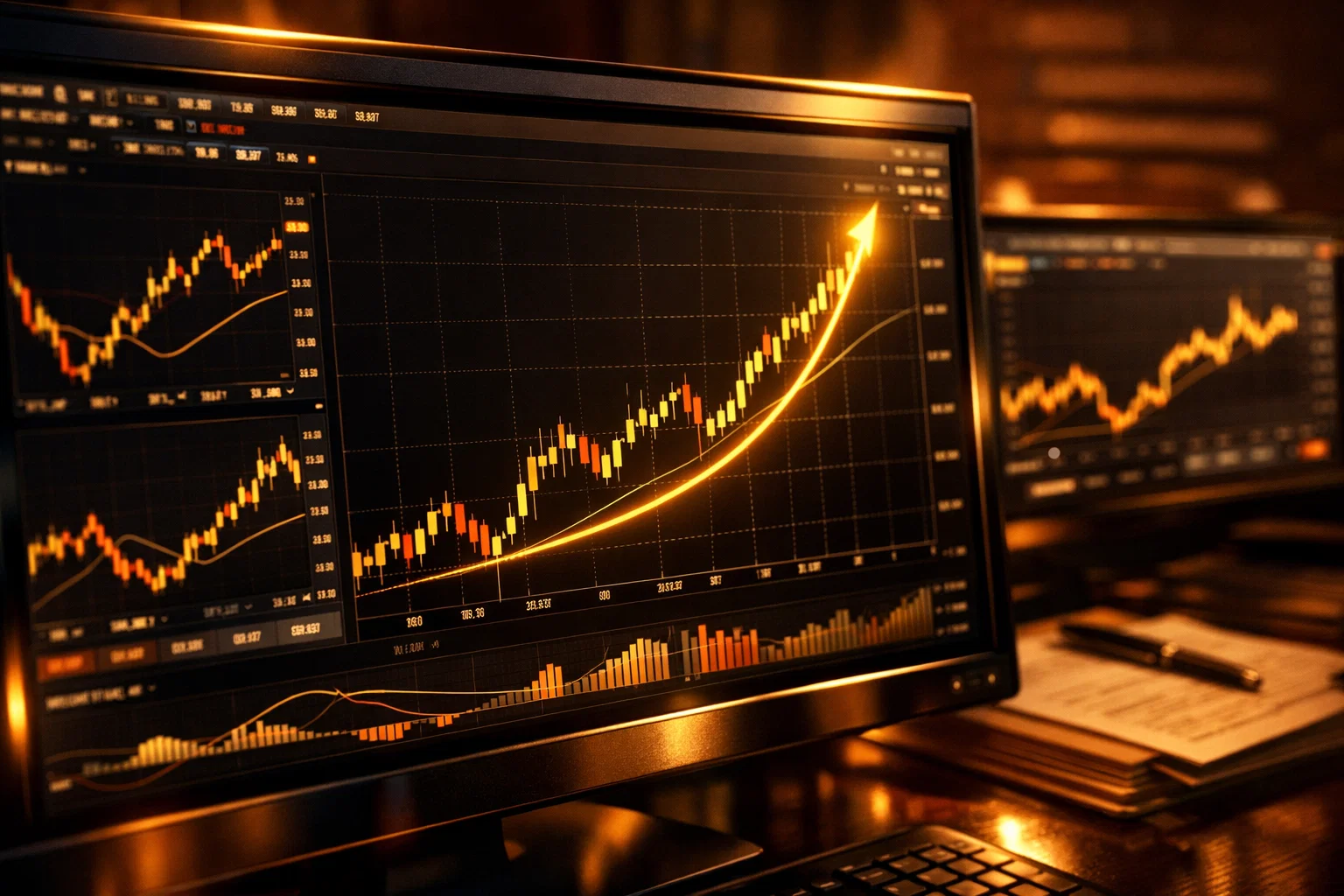 Glowing financial charts on dark monitors representing factors that influence the UBER share price.