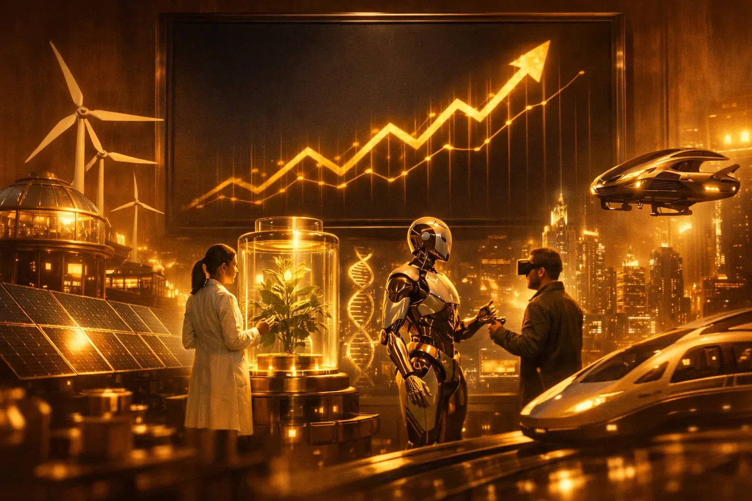 Upward-trending golden financial charts showing the fastest-growing industries in a cinematic setting.