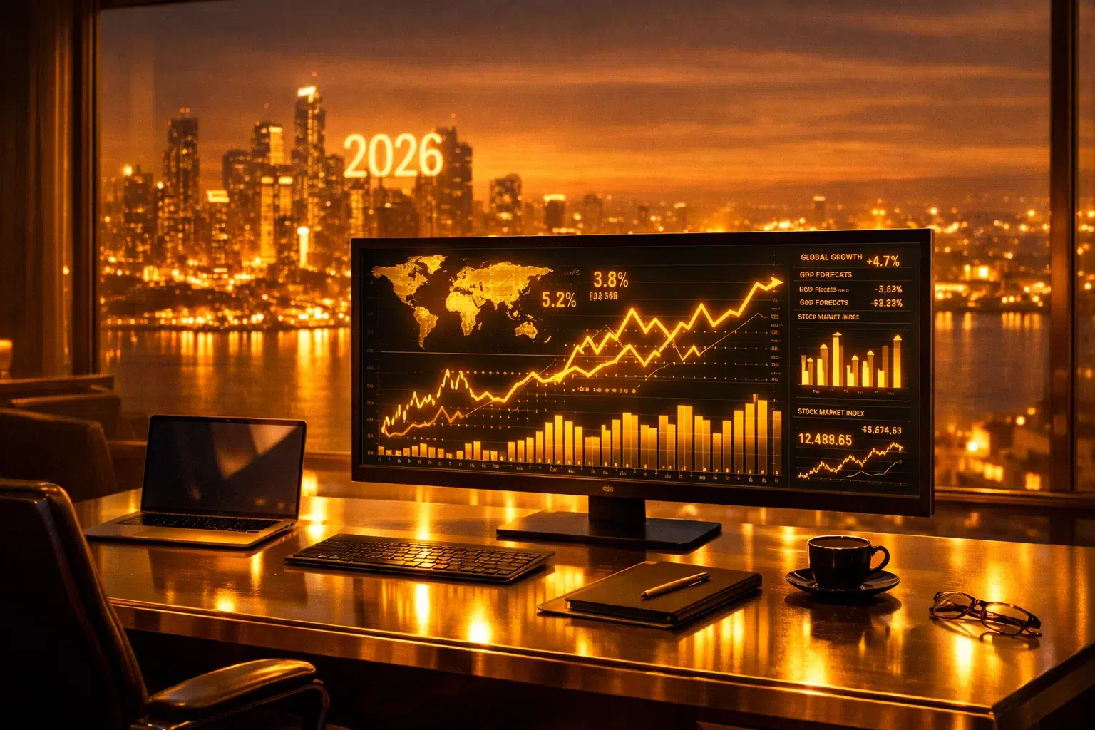 A cinematic financial office with glowing 2026 economy trends.