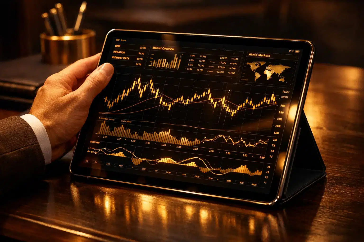 Trader analyzing fundamental and technical charts on a tablet with glowing golden highlights.