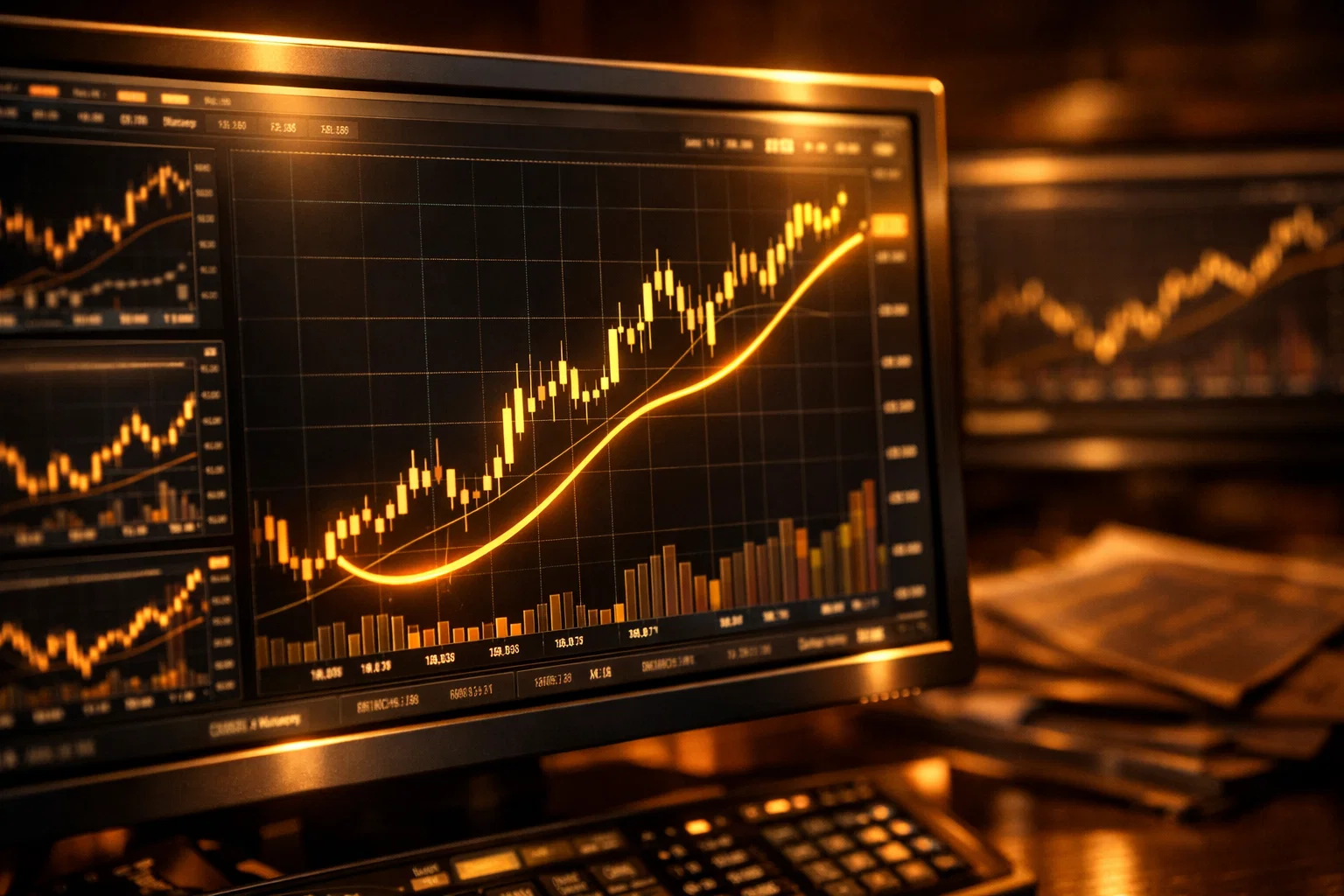 Close-up of a dark trading terminal with glowing golden indicator lines showing upward stock price movements.