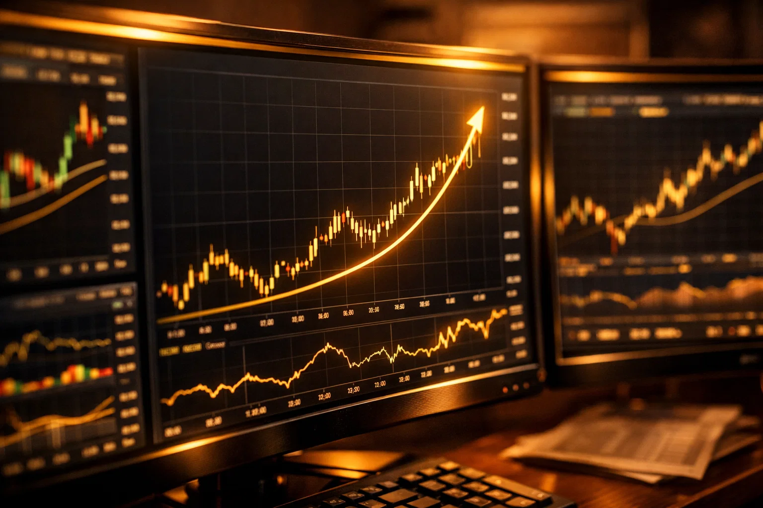 Sharp close-up of a dark trading terminal showing glowing golden stock market trend lines and indicators.