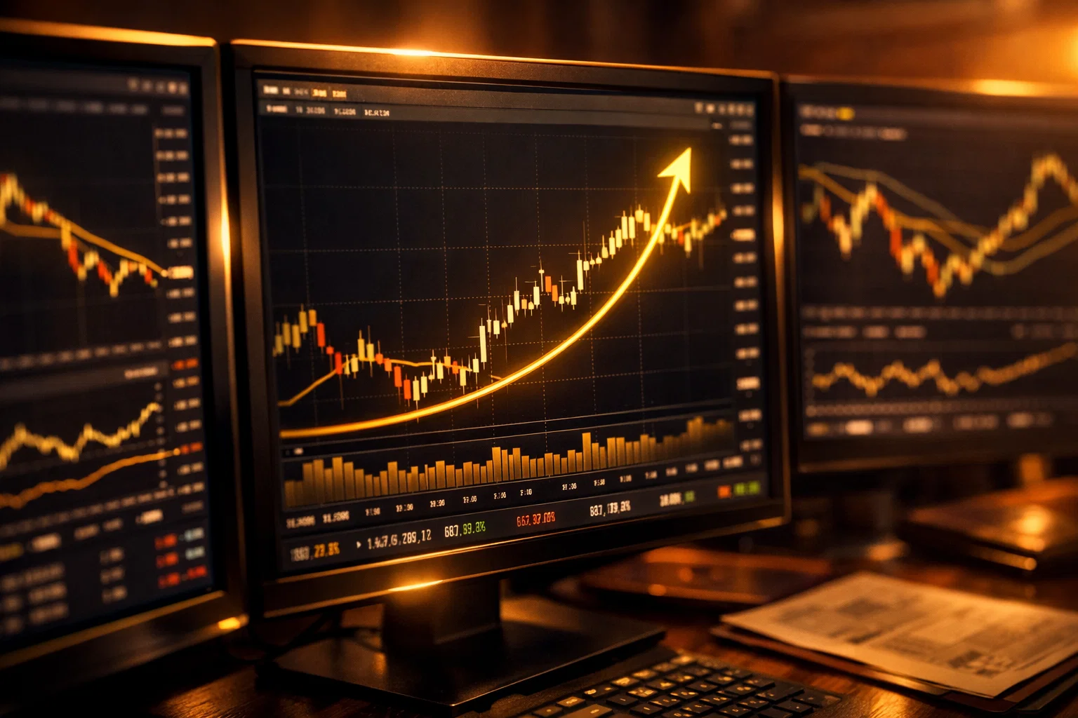Hyper-realistic close-up of a trading terminal with glowing golden trend lines and warm amber lighting.