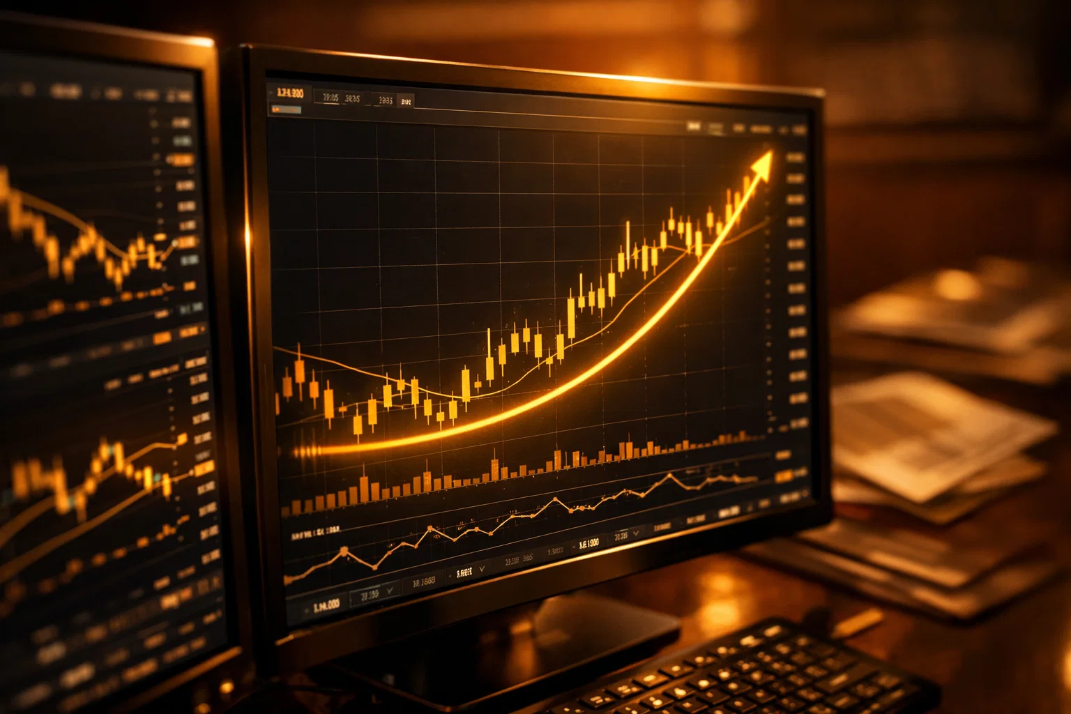 Close-up of a trading terminal with glowing golden trend lines showing stock price movements in a warm amber glow.