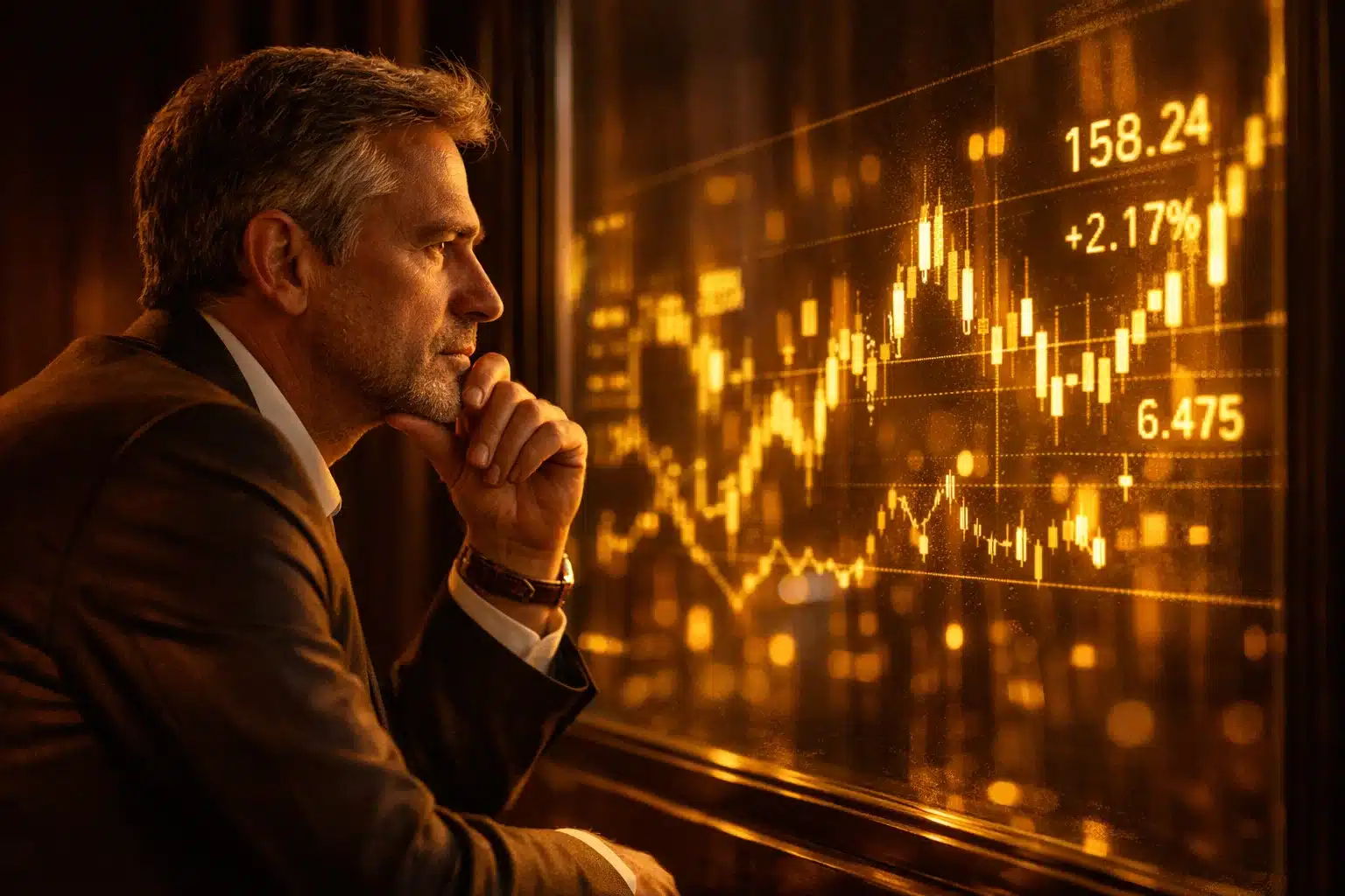 An investor softly lit by amber light reflecting on a window with golden financial data in a premium setting.