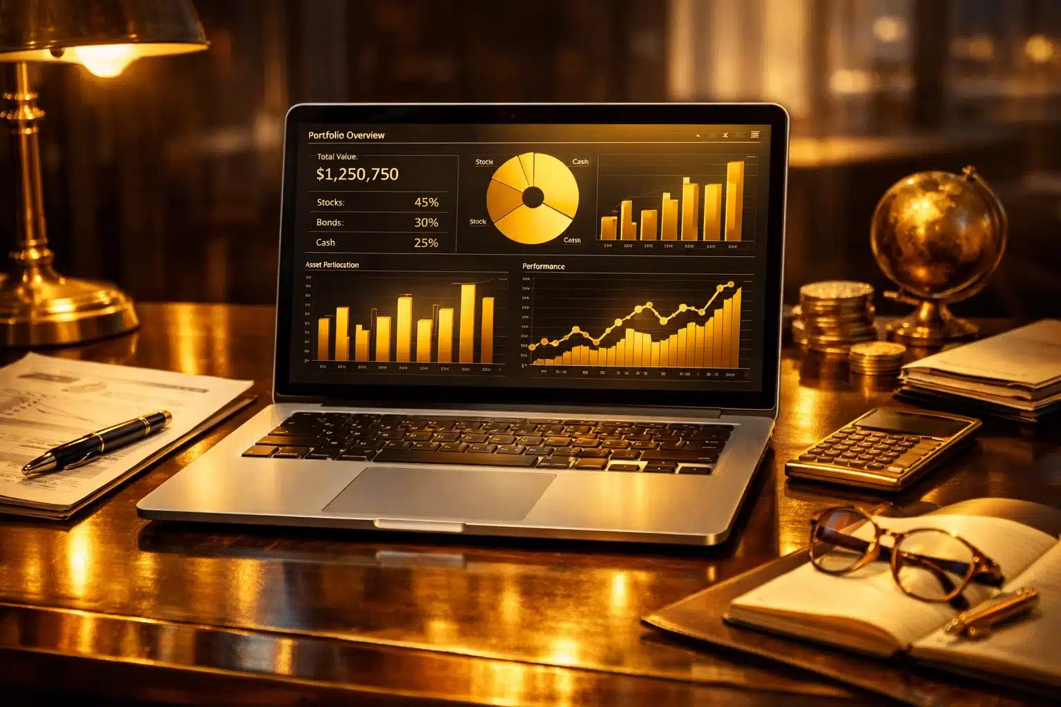 A premium laptop showing a golden portfolio dashboard, representing effective risk management strategies.