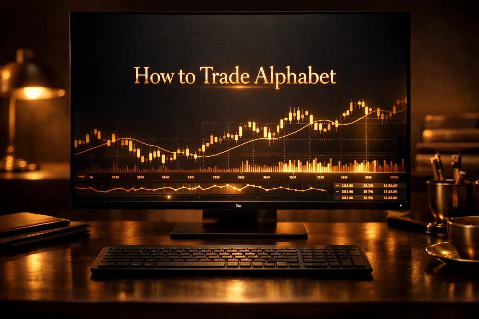 Cinematic shot of a trading monitor displaying How to Trade Alphabet in elegant metallic gold text.