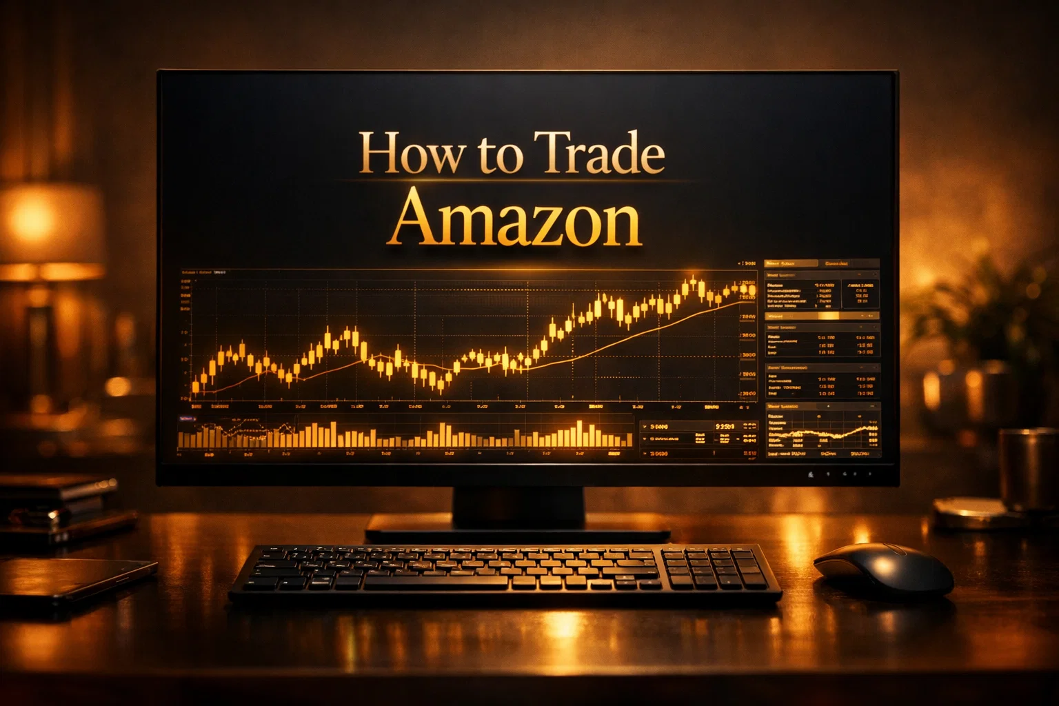 Cinematic view of a premium office workspace featuring a monitor with golden text reading How to Trade Amazon.