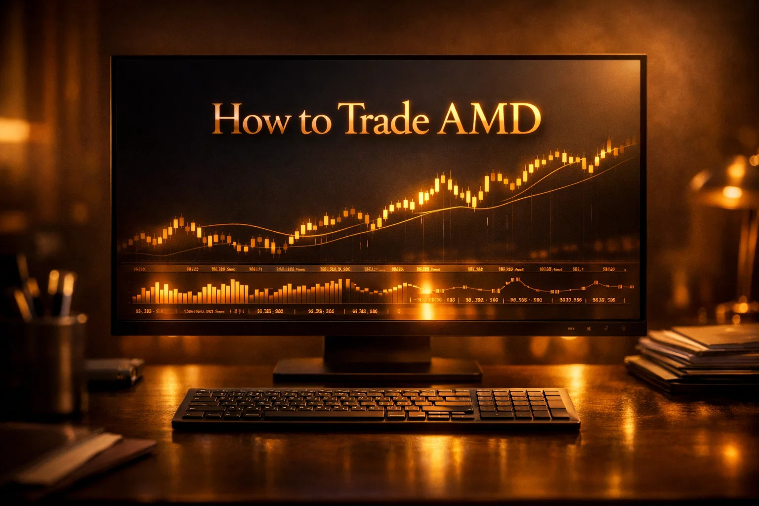 Text: Sophisticated cinematic shot of a trading monitor displaying How to Trade AMD in metallic gold text.