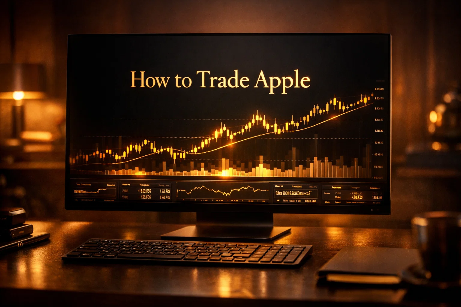 Premium trading workspace featuring a dark monitor with golden text reading How to Trade Apple.