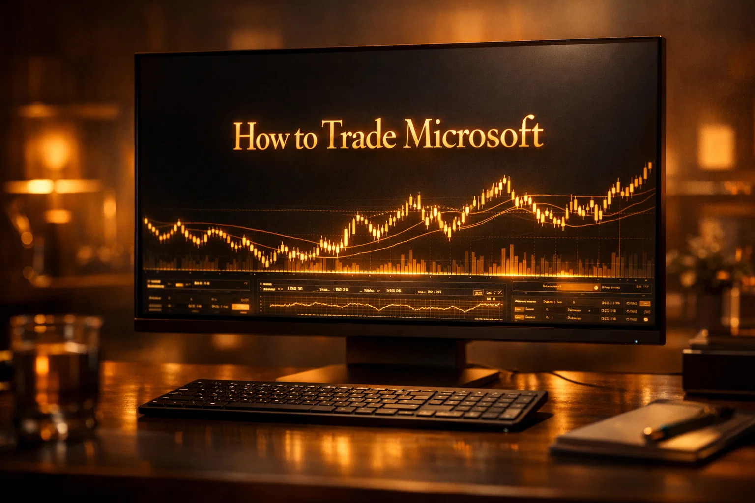 High-end monitor displaying How to Trade Microsoft text with golden charts in a premium office setting.