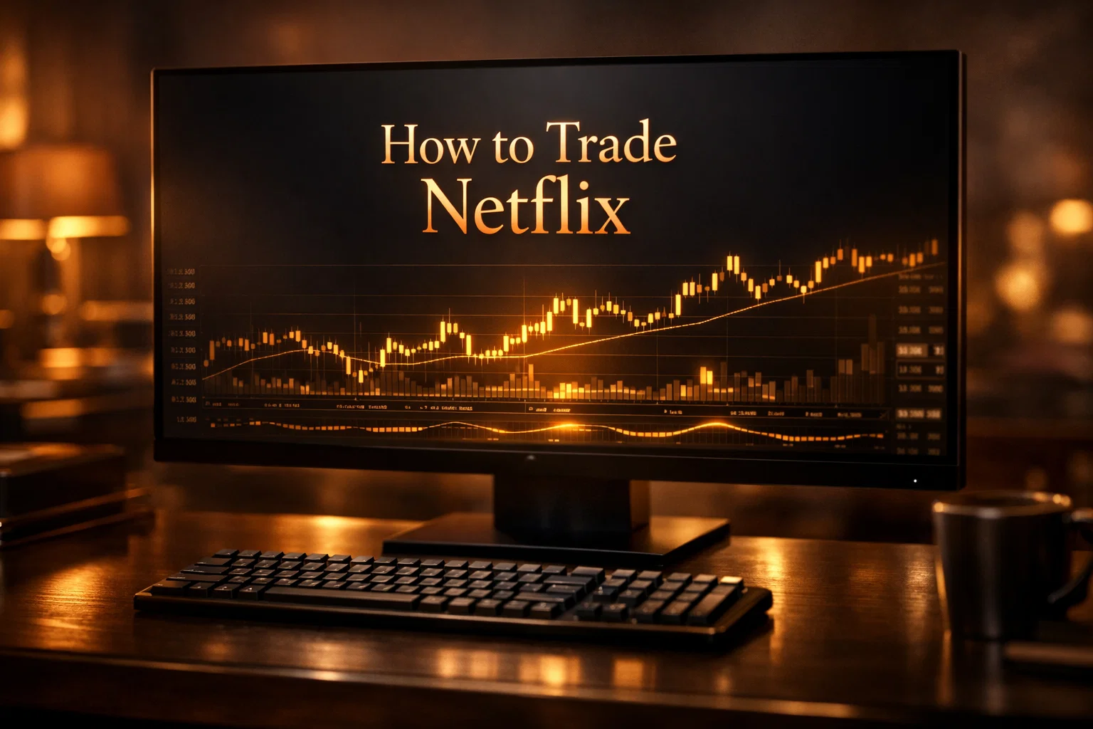 High-end monitor displaying How to Trade Netflix in elegant gold text above a professional trading interface.
