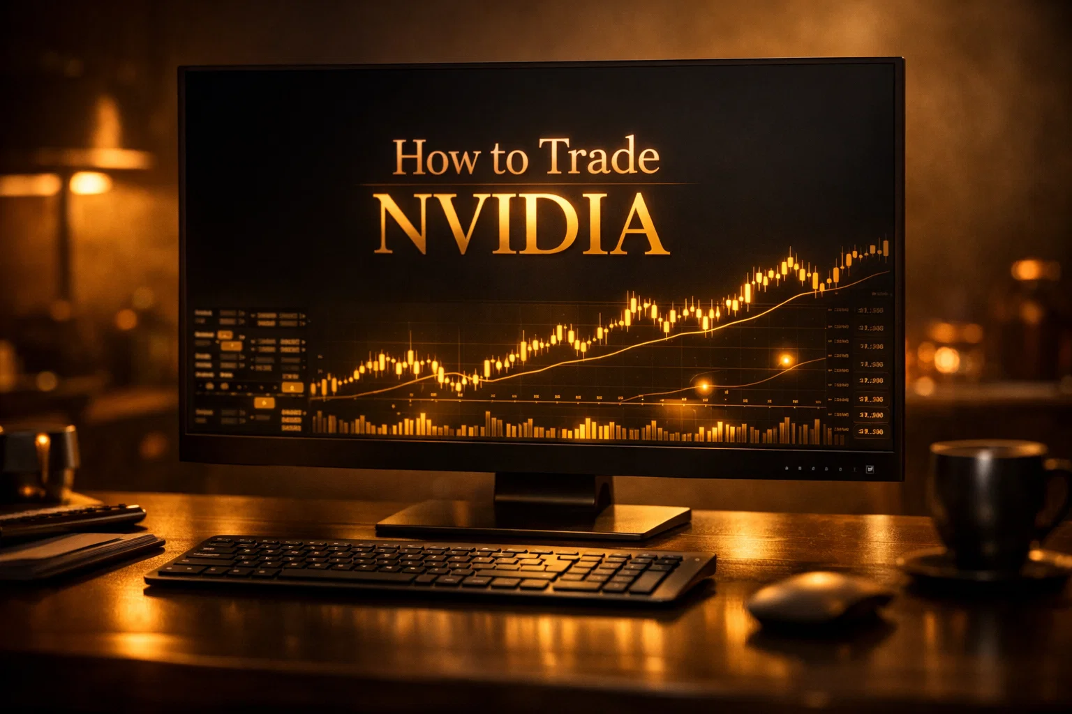 Cinematic shot of a monitor displaying the text How to Trade NVIDIA in glowing metallic gold within a premium office.