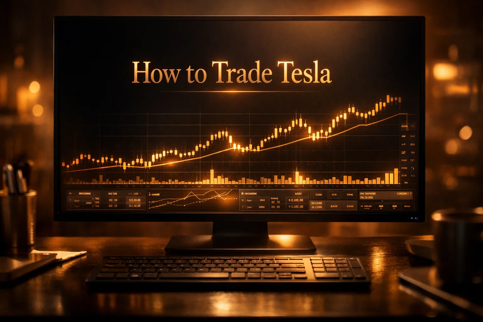 Sophisticated market-analysis workspace with a monitor displaying Tesla-related CFD concepts on a dark background.
