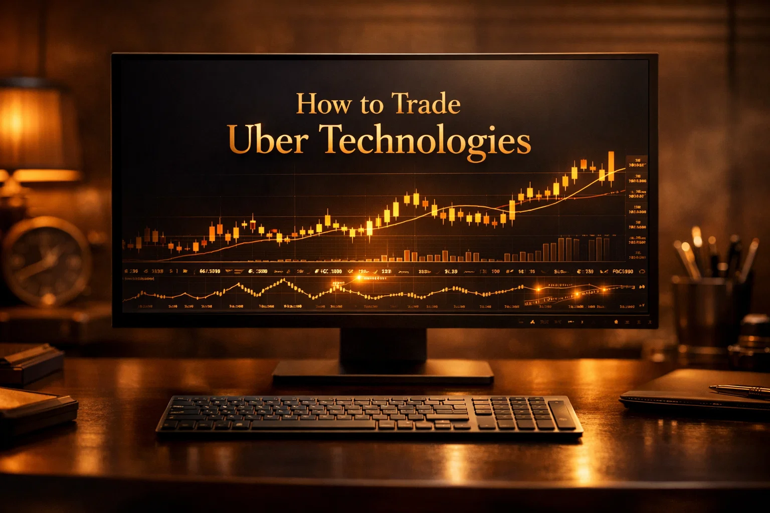 A premium trading monitor displaying the text How to Trade Uber Technologies with glowing golden charts.
