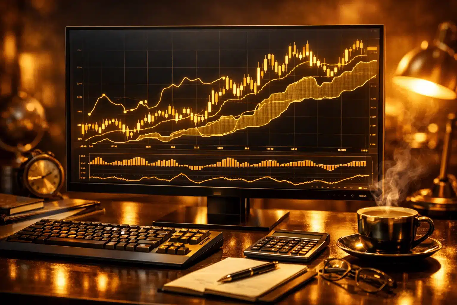 Ichimoku Cloud indicator on a dark professional monitor with a warm golden glow and financial chart lines.