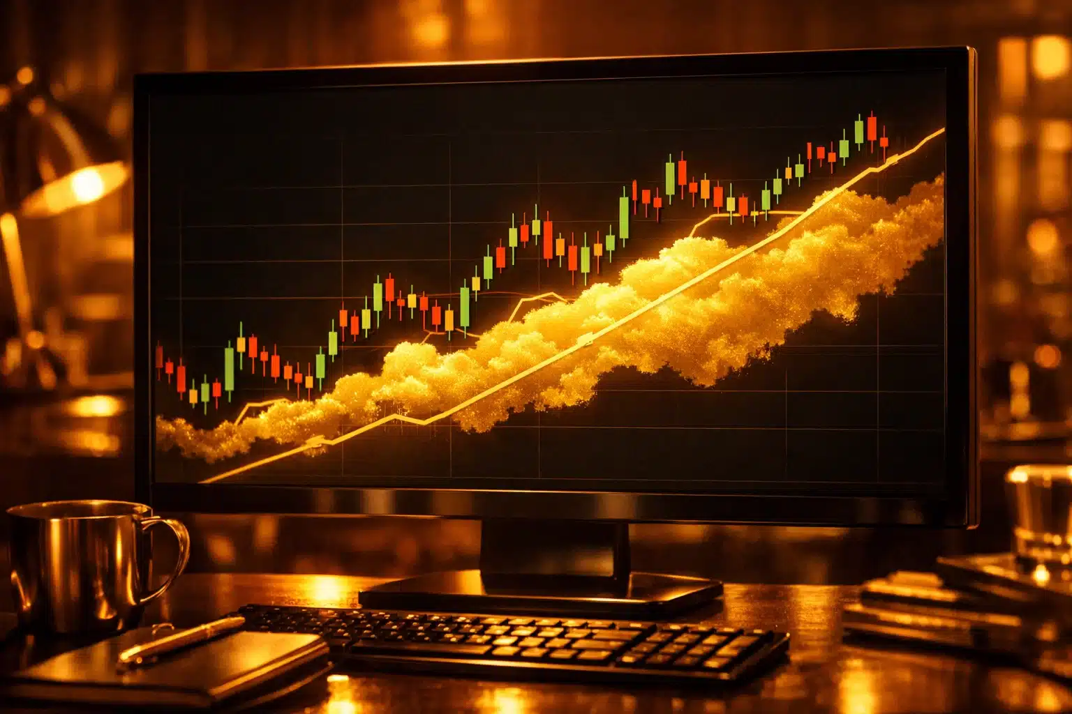 Glowing golden cloud formation on a dark trading screen used for market trend identification.
