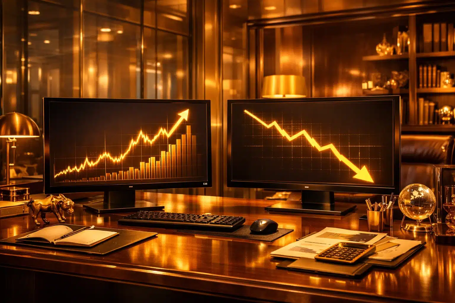 Two monitors displaying contrasting golden market trends in a sophisticated, amber-lit financial office.