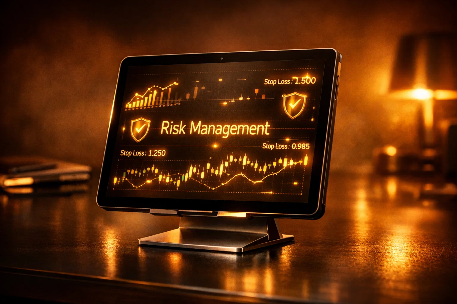 Digital tablet displaying a professional risk management dashboard for Microsoft trading with golden high-tech icons.