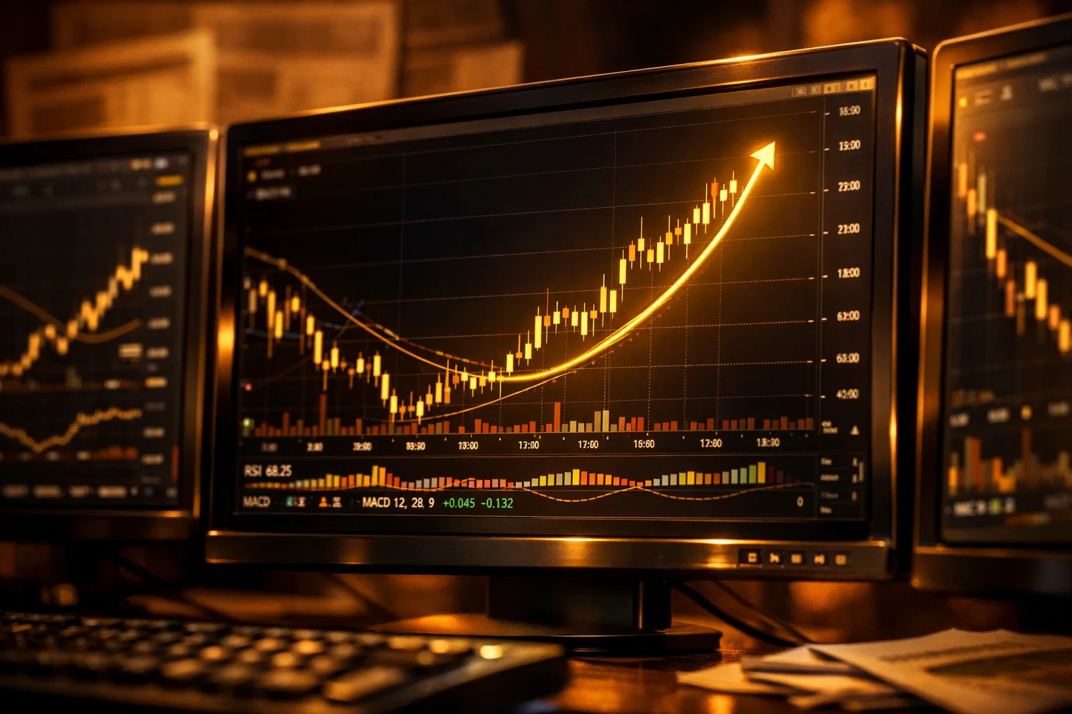 Close-up of a trading terminal with glowing golden trend lines and stock price movements in a warm amber glow.