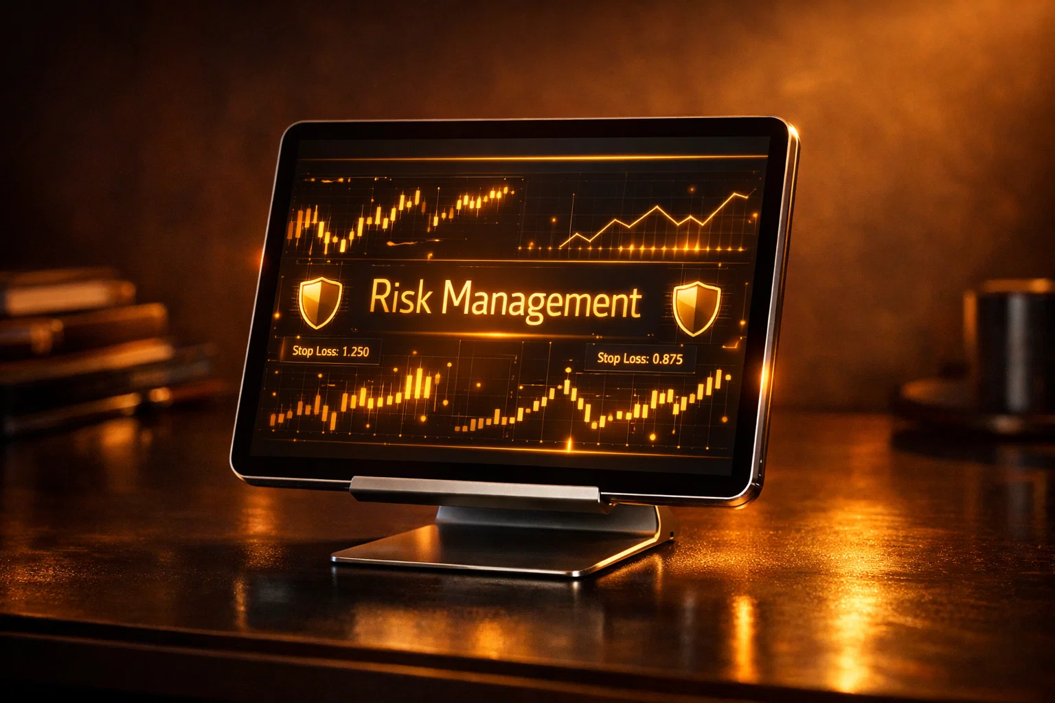 Hyper-realistic shot of a digital tablet displaying a professional golden risk management dashboard on a dark desk.