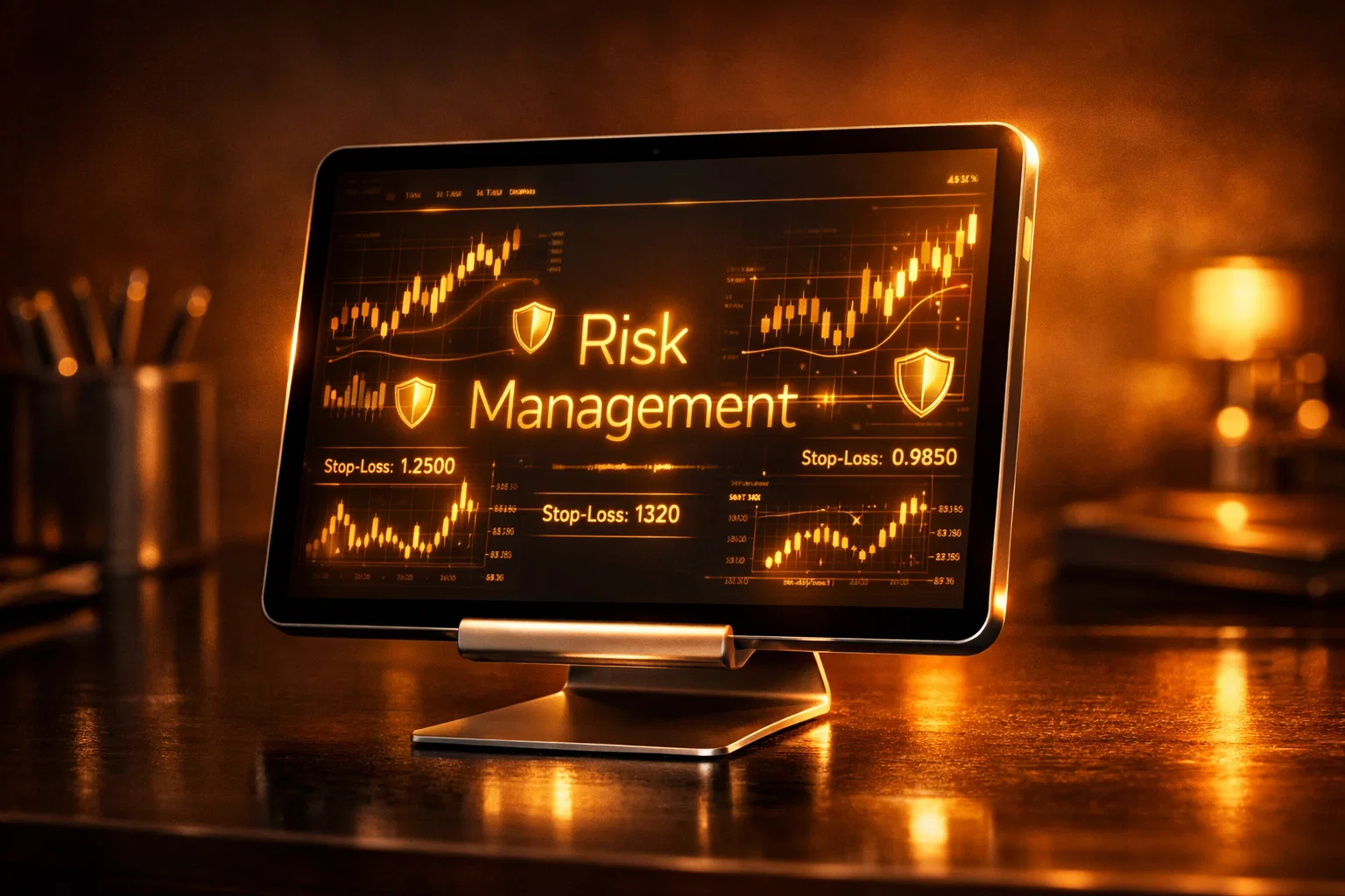 Digital tablet showing a professional risk management dashboard with golden charts and secure trading indicators.