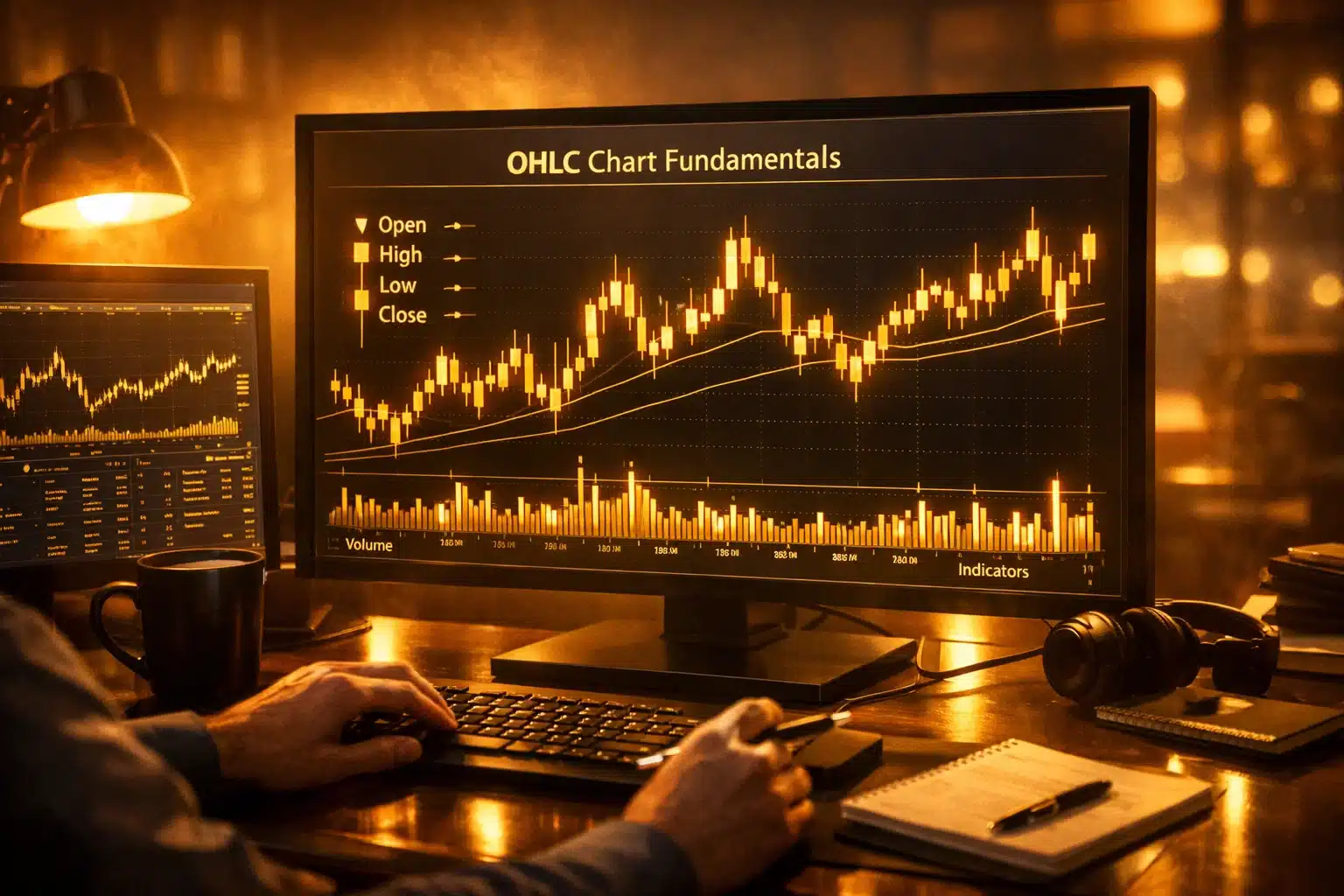 A cinematic view of a trader analyzing golden OHLC chart fundamentals on a dark monitor in a warm amber room.