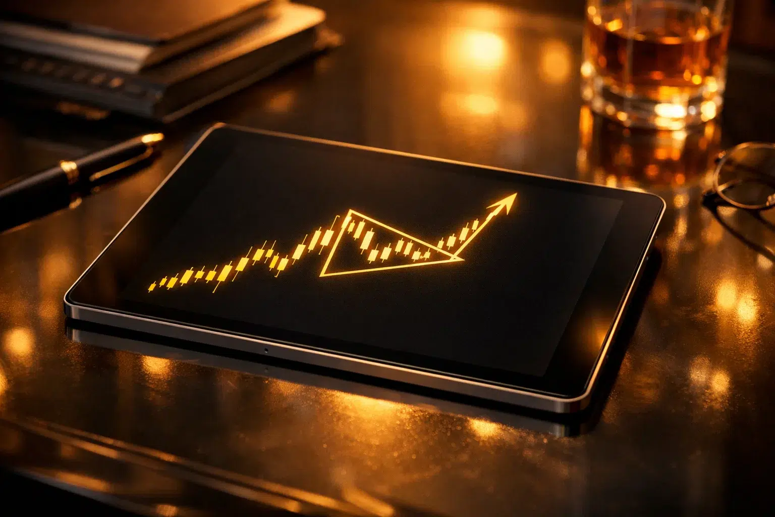 Financial tablet on a desk displaying a glowing golden pennant chart pattern in a warm cinematic office.