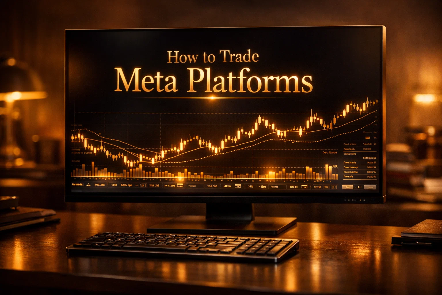 Cinematic shot of a trading monitor displaying How to Trade Meta Platforms in elegant, glowing gold text.